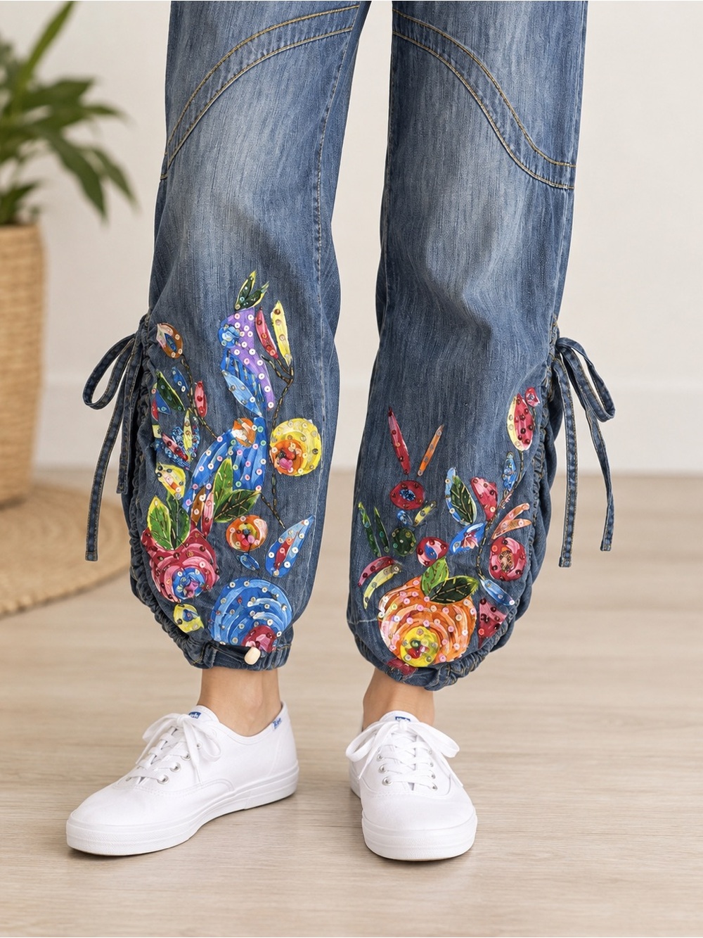 DONEED Hand Painted Floral Sequin Denim Jeans Ruched Y2K Boho Artsy XL